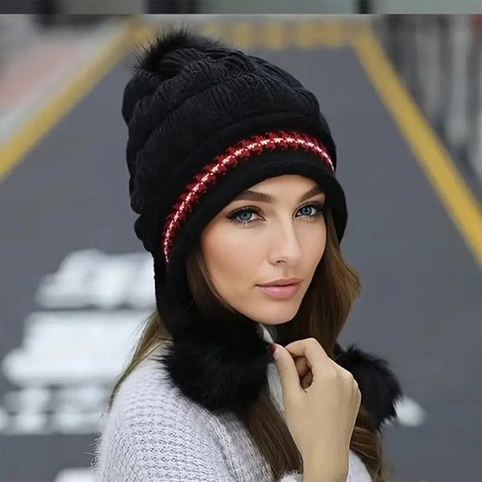 Cozy Knit Fleece Hat - Beanie With Ear Flaps & Pompom - Warm Winter Hat For Women - Perfect For Skiing & Outdoor Activities